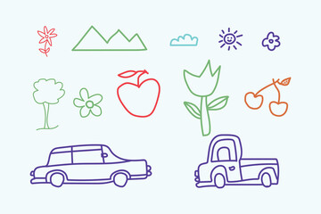 Naklejka premium Colorful hand-drawn illustrations of simple cars, flowers, trees, fruits, mountains, sun, and clouds. Child's Drawing of Cars and Nature Scenes.