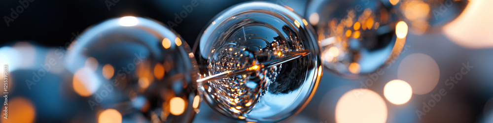 Poster interconnected reflective spheres with bokeh background