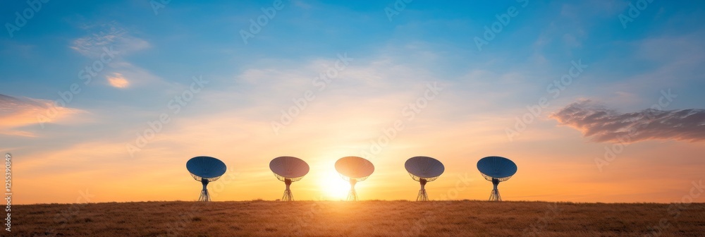 Poster Modern Astronomical Satellite Array Cutting-Edge Metal Dish Network under Dramatic Skies - Advanced Space Communication and Scientific Exploration for Tech Industry Growth