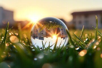 Naklejka premium Eco-Luxe Visuals Crystal Sphere in Dewy Morning Grass - Authentic Green Marketing for Sustainability Campaigns and Environmental Conservation Awareness