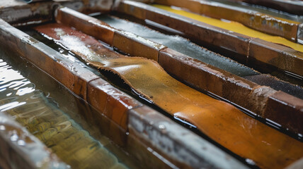 Leather Dyeing Process: Long strips of leather immersed in rich dye baths, showcasing the preparation and skilled artistry essential to the leather crafting process.
