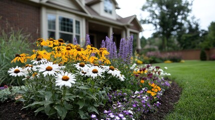 Colorful flowerbeds in front of a home