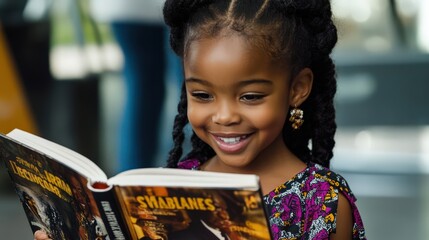 A young girl reading a book about African-American history, feeling inspired by the stories of strong Black leaders