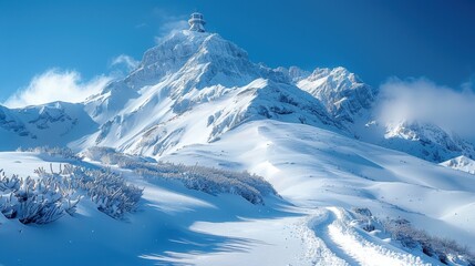 Obraz premium A breathtaking mountain peak covered in snow, clear blue sky, crisp winter atmosphere