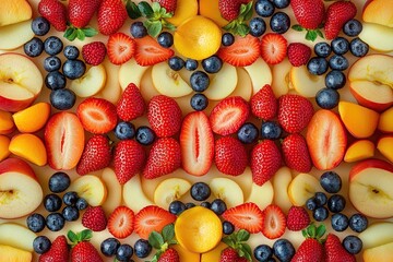 Obraz premium Summer Fruit Salad: Strawberries, Blueberries, Peaches, Apples