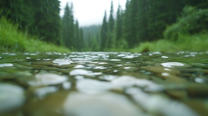 Fototapeta premium Rain Forest Creek, Water flowing, Trees, Cloudy day, Nature scene, Peaceful