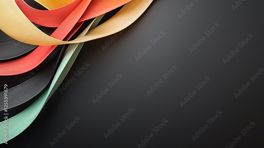 Poster abstract curved paper shapes create a colorful modern background on a dark backdrop.