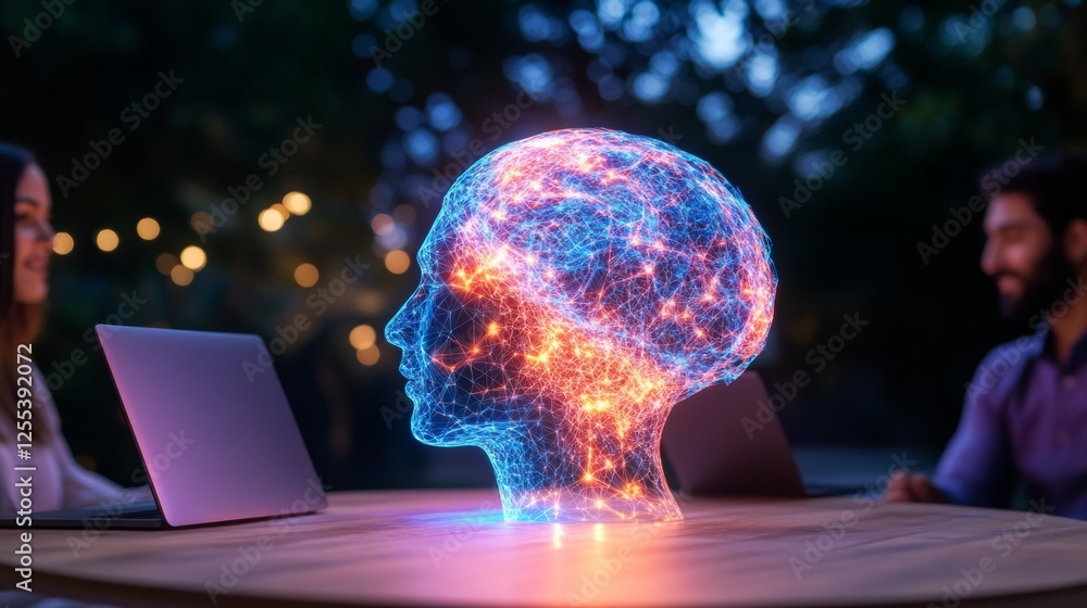 Poster tech-inspired workspace indian coworkers with laptops and ai holograms in sleek office - modern coll
