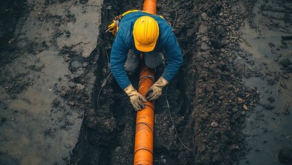 Worker Installing Underground Pipe