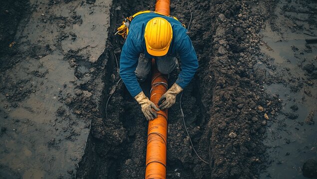 Worker Installing Underground Pipe