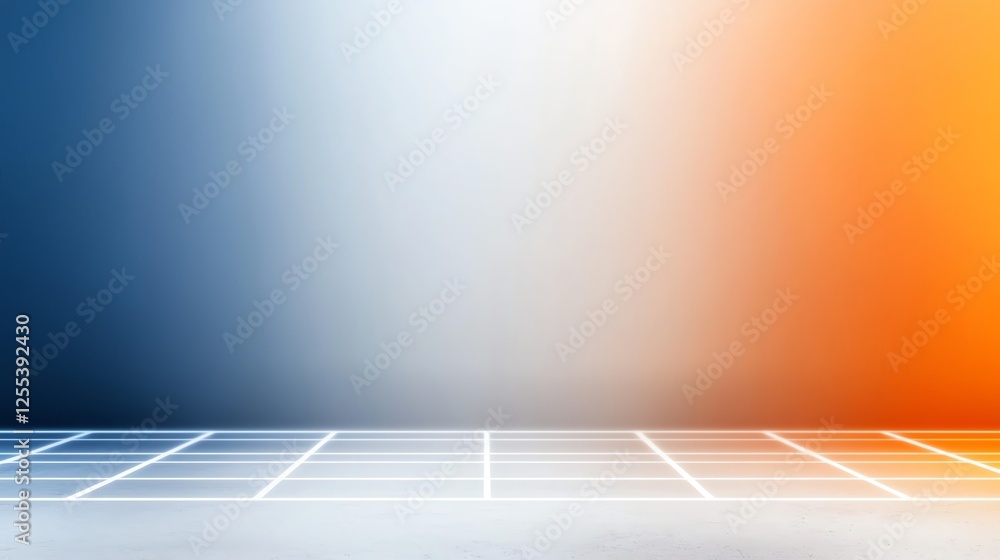 Poster abstract gradient background with orange and blue hues on grid floor.
