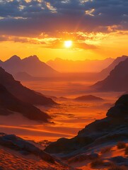Naklejka premium Dramatic desert sunrise painting the sky with orange hues over distant mountains and sand dunes
