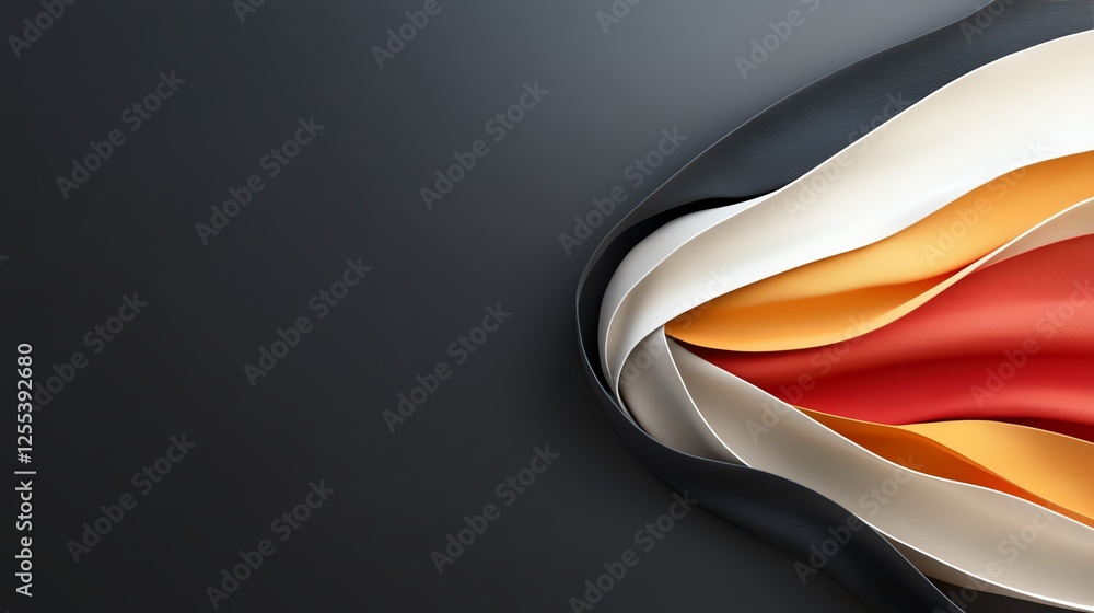 Poster abstract layered design with flowing curves in vibrant colors against a dark background.