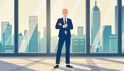 Confident businessman smiling in modern office with city view, success