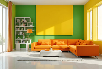 Modern Living Room with Colorful Walls and Orange Sofa