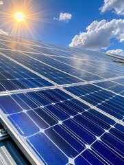 Solar Panels Under Bright Sunshine with Blue Sky and Clouds