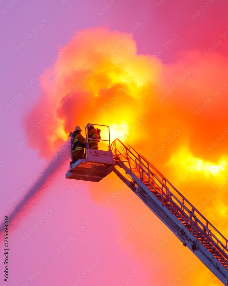 Poster dynamic crisis visualization firefighters in action amidst luminous blaze, engineering precision and