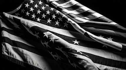 Dramatic Monochrome US Flag Waving on Dark Background - American Flag Illustration