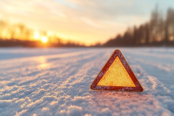 Modern Snowy Roadside Assistance Scene Reflective Warning Triangle in Focus at Sunset - Essential Winter Safety Content for Automotive Recovery Services and Emergency Preparedness Marketing