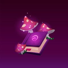 Antique magic book with sparkling fly agarics vector flat illustration, witchcraft and wizardry alchemy game asset