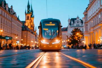Fototapeta premium Contemporary Cityscape Modern Tram on Historic Cobblestone in Dusk Light - Urban Mobility Content and Sustainable Infrastructure for Smart Cities