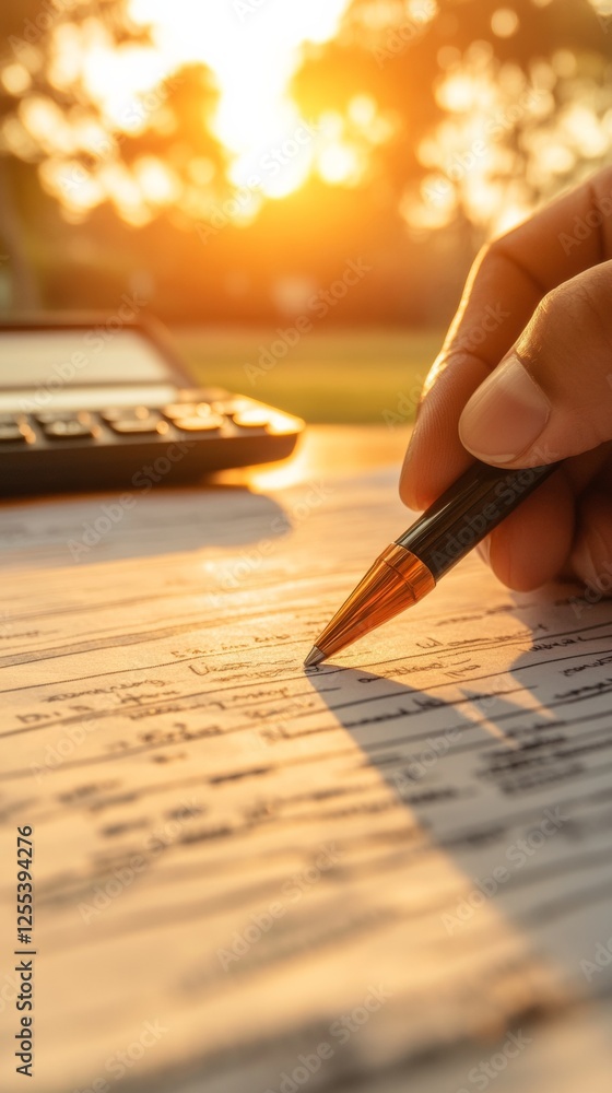 Poster golden hour tax prep professional handwriting on financial forms with sunlit paper textures - effici