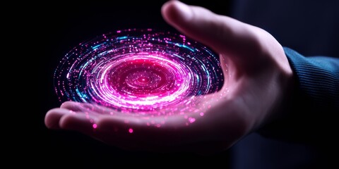 Neon Holographic Interface Futuristic Floating Circular Icons in Hand Display - Business Analytics and Digital Transformation for Tech Industry Innovation