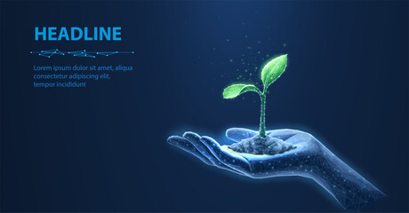 3D Plant on hand. Sprout Growth, Agriculture Technology, Grow Plant.