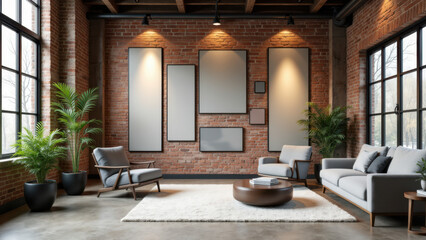 Cozy interior with brick wall, acoustic panels, and modern furniture.