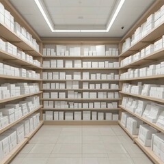 Minimalist library interior, white bookshelves, illuminated ceiling, clean design, organized books, modern architecture, symmetrical layout, soft lighting, neutral color palette, spacious room