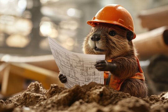 Beaver inspects construction blueprints at a busy building site in bright daylight