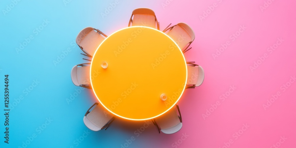 Poster Neon Circular Conference Table Design in Dual Pastel Tones - Contemporary Business Innovation and Collaborative Meeting Spaces with Modern Decor Integration