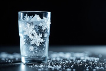 Frosty glass with intricate ice crystals and subtle snowflakes against a black background, grayscale, alpha