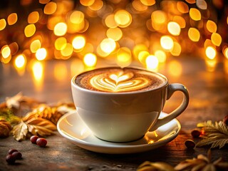 Obraz premium Indulge in the cozy autumn warmth of a creamy latte, its artfully poured foam creating a bokeh dream against a blurred coffee shop backdrop.