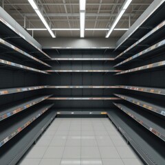 Obraz premium Empty supermarket shelves, barren retail space, fluorescent lighting, industrial ceiling, minimalist, stark, clean lines, geometric patterns, monochromatic, grey tones, symmetrical composition, depth 