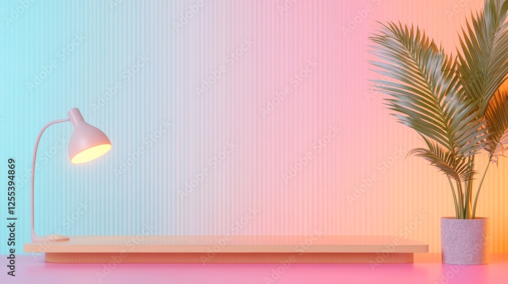 Poster Retro-Futuristic Workspace Design Curved Desk and LED Lamp Accent in Pastel Hue - Ideal for Modern Home Offices and Startup Culture, Emphasizing Geometric Design and Natural Balance