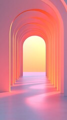 Obraz premium Retro-Futuristic Hallway Design Curved Pink and Metallic Arches in Cinematic Depth for Luxury Interiors and Modern Architectural Solutions
