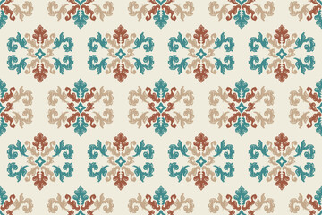Carpet ikat floral pattern,fabric pattern on navy blue background vector illustration.Ikat ethnic oriental embroidery.Aztec style,abstract background.design for texture,clothing,decoration,carpet,rug.