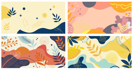 Six vibrant and playful abstract backgrounds featuring organic shapes, geometric patterns, and ample copy space, perfect for modern and creative designs