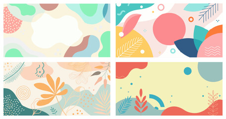 Six vibrant and playful abstract backgrounds featuring organic shapes, geometric patterns, and ample copy space, perfect for modern and creative designs