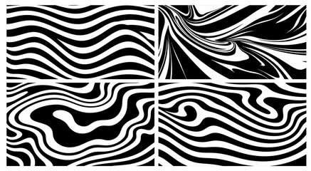 Six abstract backgrounds forming a collection of black and white geometric patterns, creating a mesmerizing visual effect with flowing lines and wavy stripes