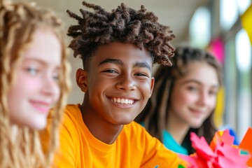 Vibrant Youth Collaboration Diverse Teens Creating Colorful Poster Art for School Fundraiser - Educational Nonprofit Promotion and Community Engagement