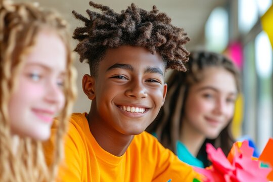 Vibrant Youth Collaboration Diverse Teens Creating Colorful Poster Art for School Fundraiser - Educational Nonprofit Promotion and Community Engagement