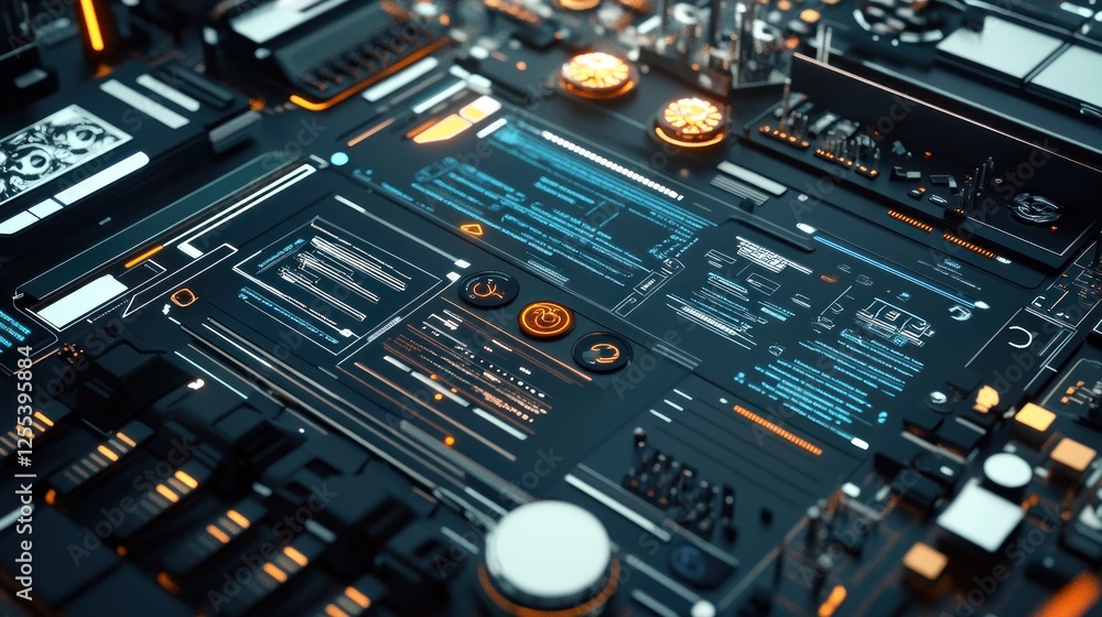 Poster futuristic technology interface: detailed circuit board and data display