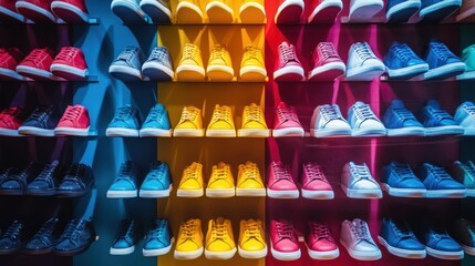 Colorful sneakers in a shop window display, an advertising background concept with copy space. Shelves full of shoes for young people on a colorful wall background.