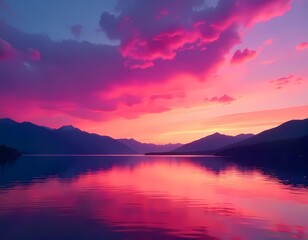Pink Sunset over Mountain Lake