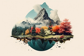 collage artwork of Majestic Mountain and Forest Reflection in Vibrant Autumn Colors
