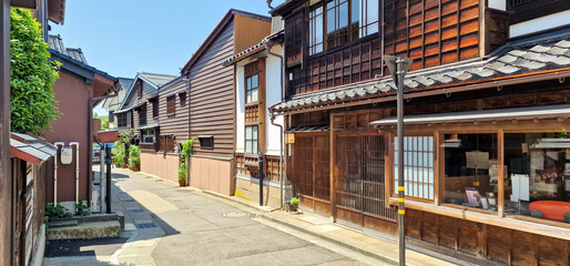 Beautiful traditional buildings in the geisha district of Higashi Chaya in Kanazawa, Japan