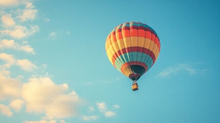Fototapeta premium Colorful hot air balloon flying in a clear blue sky background. Retro color filter, 35mm film look, photorealistic