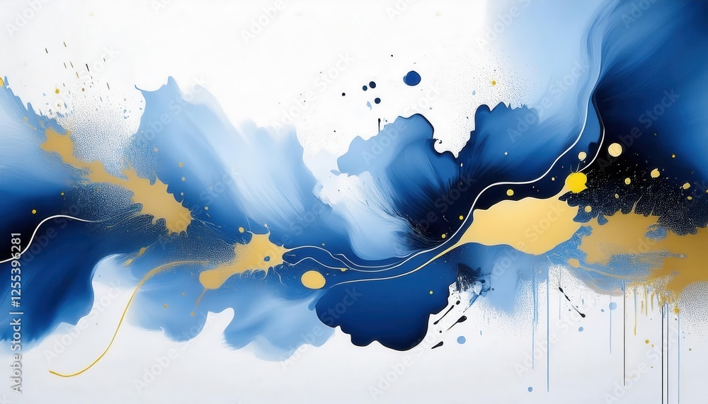 Aufkleber dynamic blue and gold abstract flow with splatter highlights for modern interiors and artistic wall 